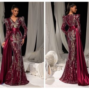 Elegant Burgundy Embellished Evening Gown